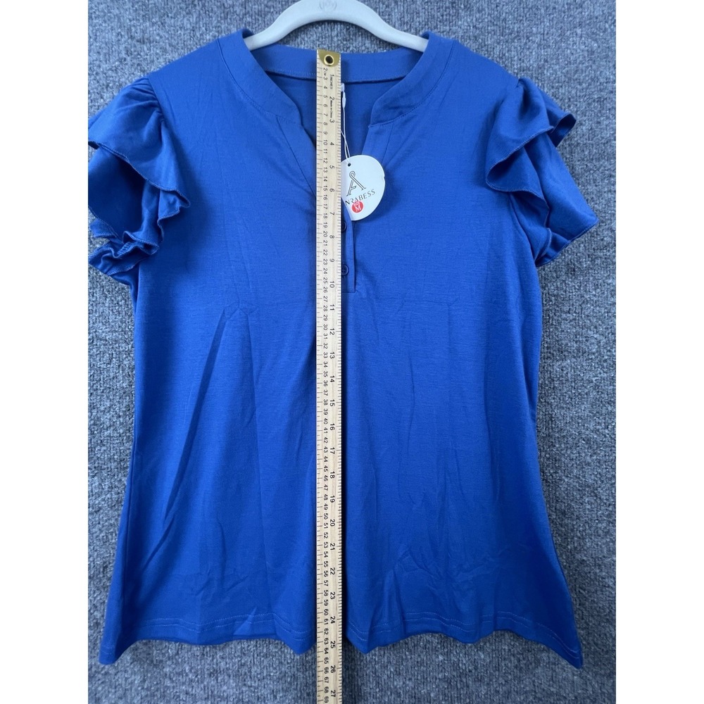 ANRABESS Ruffle Sleeve Henley Top Cobalt Blue NWT Women's M - Picture 3 of 4